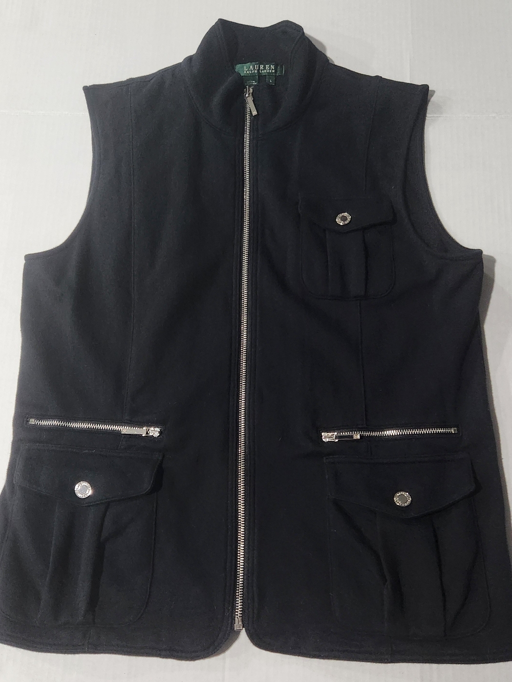 Lauren Ralph Lauren Womens Black Zip Up Utility Cargo Vest Jacket, Large